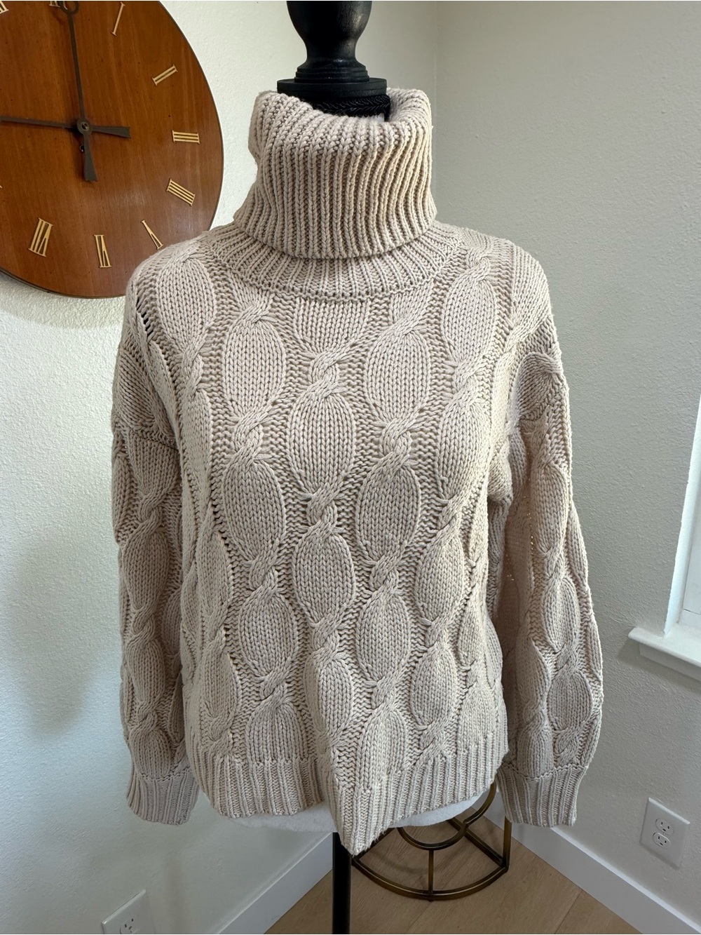 Hippie Rose Cable Knit Turtleneck Sweater Cream Chunky Oversized S
